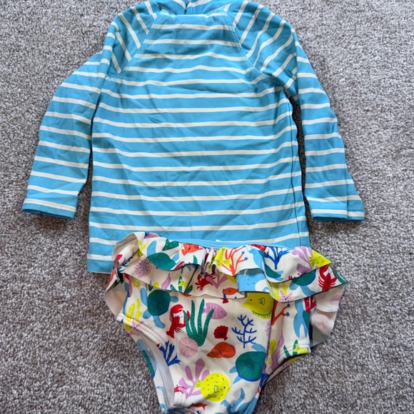 Baby Boden Blue Striped Rainbow Fish Rash Guard Ruffle Swimsuit Set 9-12M 80cm - Picture 2 of 4